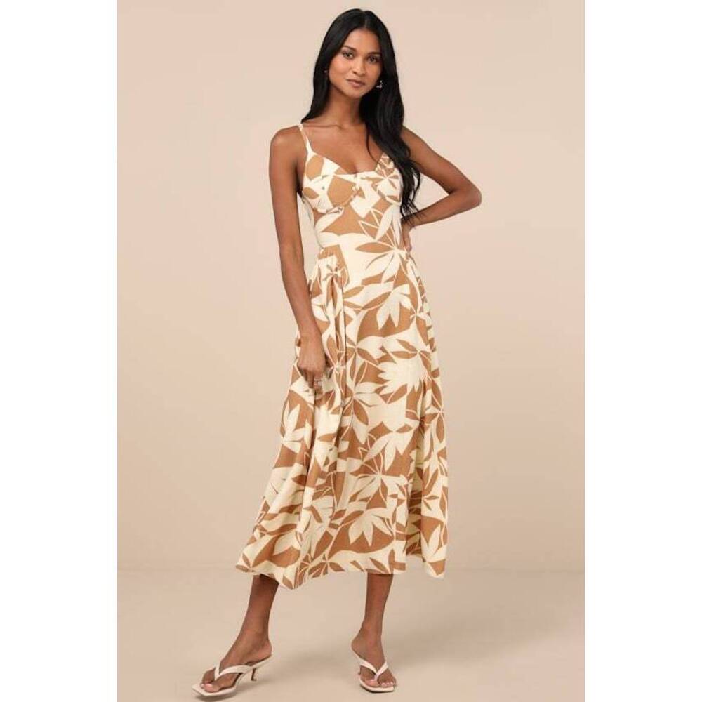 Lulus Veris Cream And Tan Floral Bustier Midi Dress White - Size S
